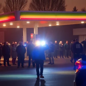 Scene of a shooting outside a gas station with police presence