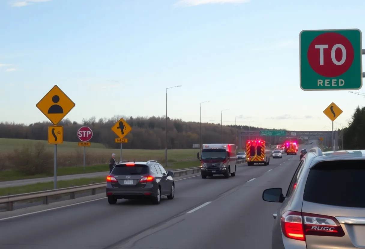 Emergency vehicles responding to a car crash on I-96