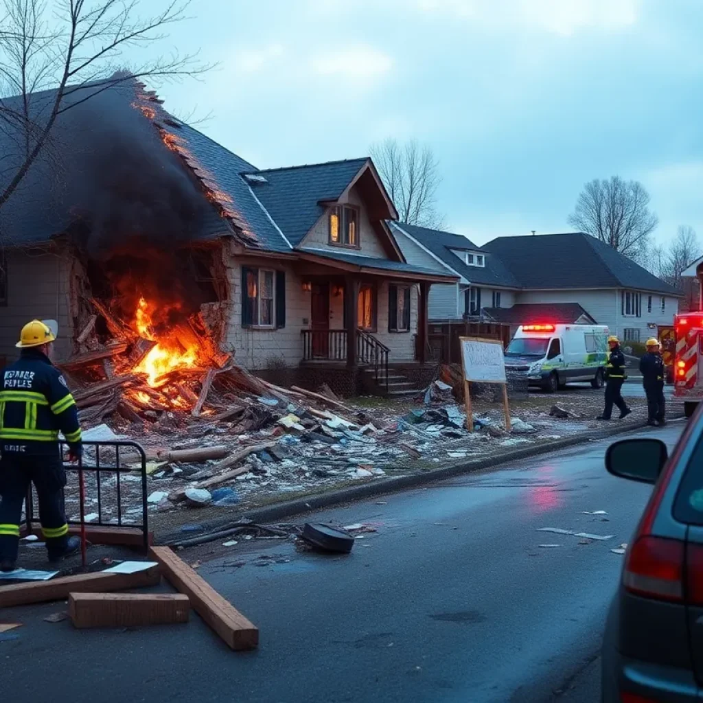 Debris and emergency responders at the scene of a house explosion in Detroit.