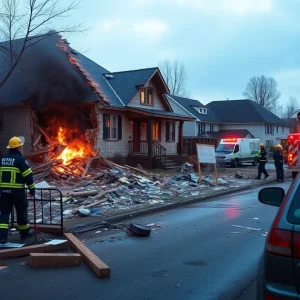 Debris and emergency responders at the scene of a house explosion in Detroit.