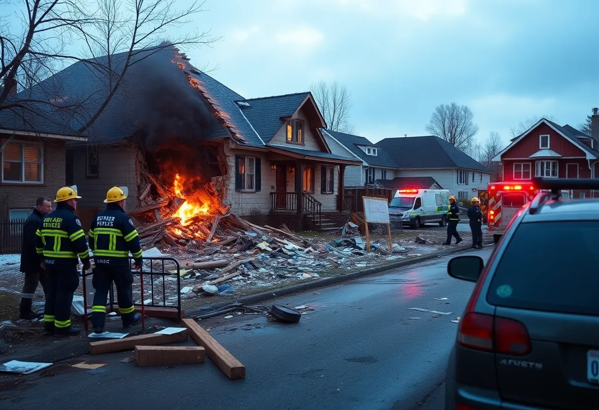 Scene of a house explosion in Detroit with debris and emergency responders