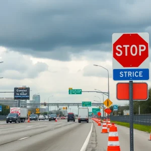 Detroit I-75 highway under construction with traffic signs