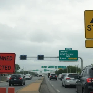 Traffic on I-75 in Detroit with construction signage