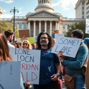A group of protesters demonstrating against ICE actions in downtown Detroit.