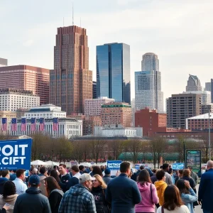 Campaign scene in Detroit showcasing people and city skyline