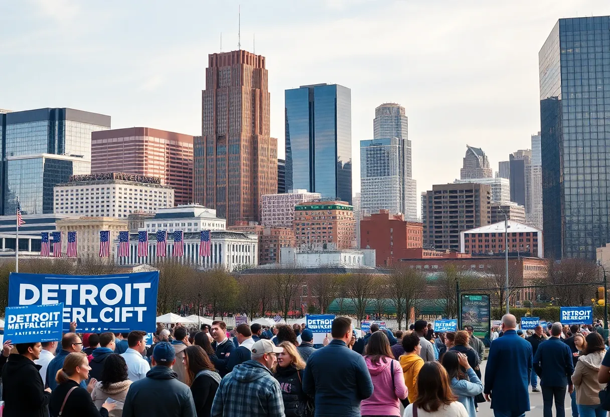 Campaign scene in Detroit showcasing people and city skyline