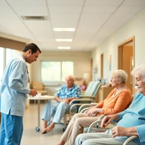 Caregivers assisting elderly residents in a nursing home.