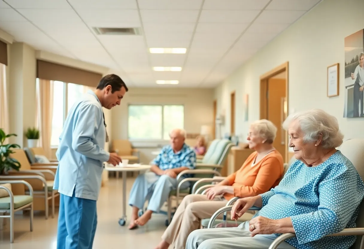 Caregivers assisting elderly residents in a nursing home.