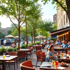 A lively outdoor dining scene in Detroit with diners enjoying their meals