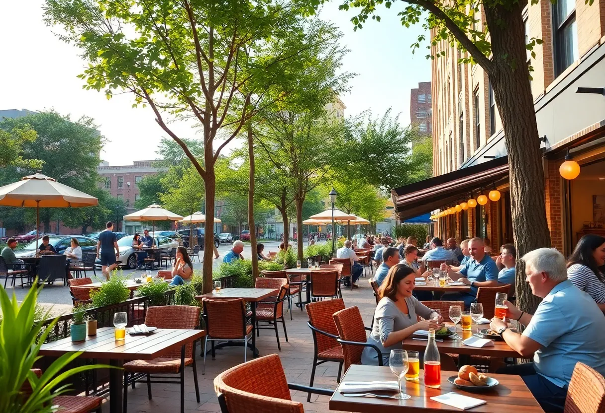 A lively outdoor dining scene in Detroit with diners enjoying their meals