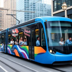 Detroit People Mover tram navigating downtown