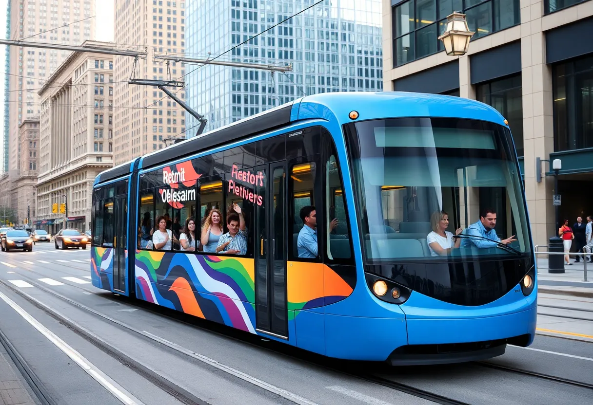 Detroit People Mover tram navigating downtown