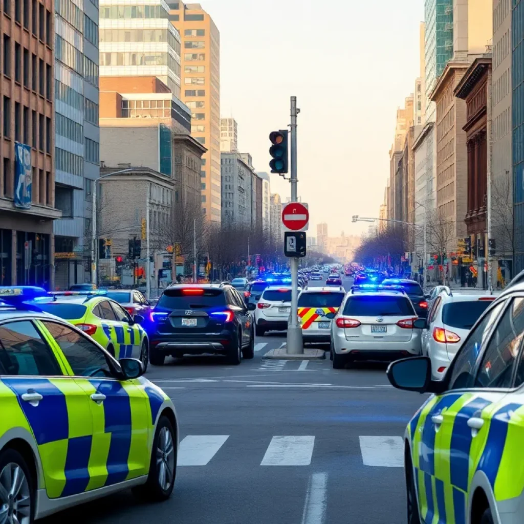 Police cars at an intersection in Detroit following a traffic incident.