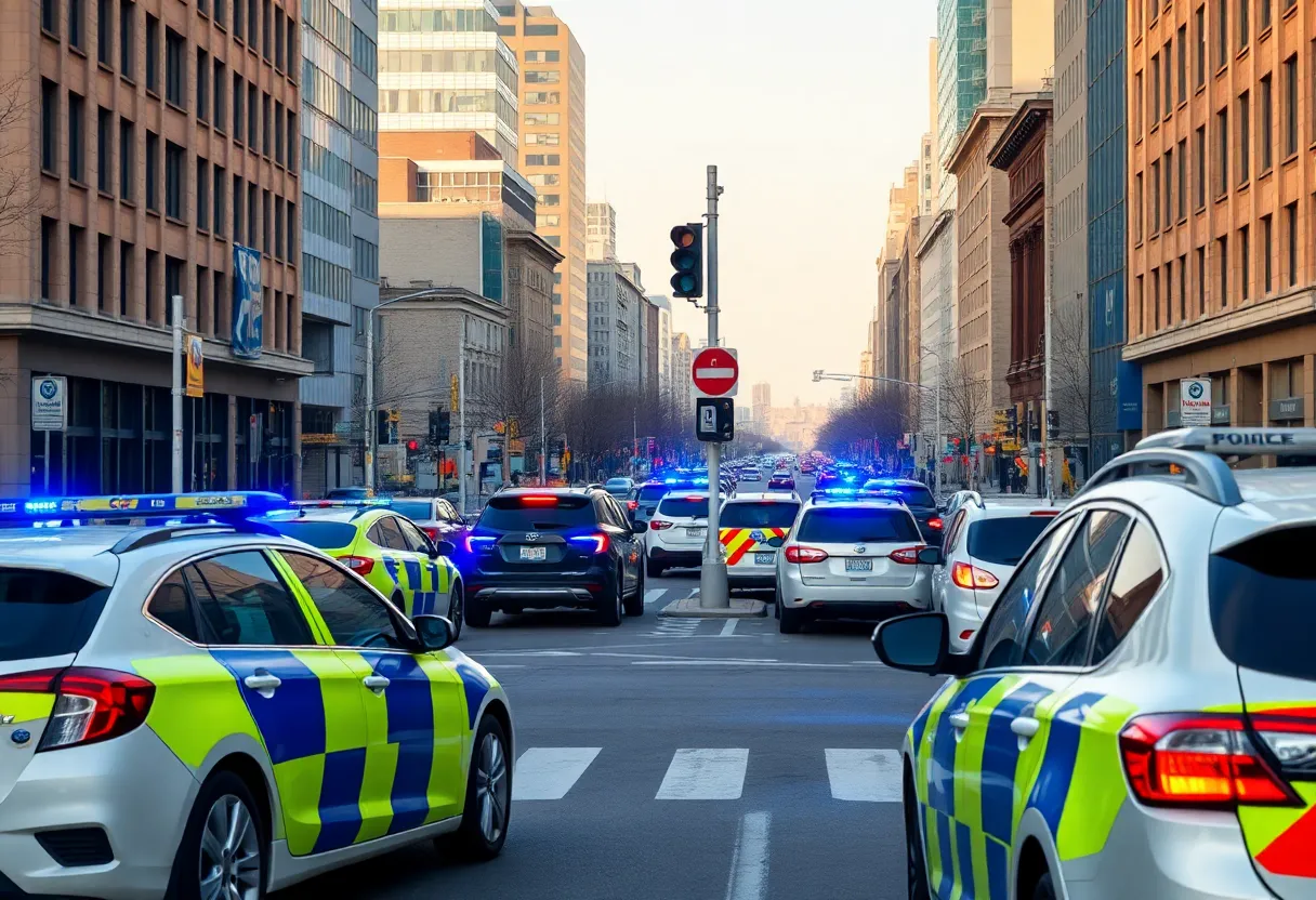 Police cars at an intersection in Detroit following a traffic incident.