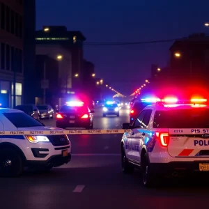 Police vehicles on a Detroit street at night