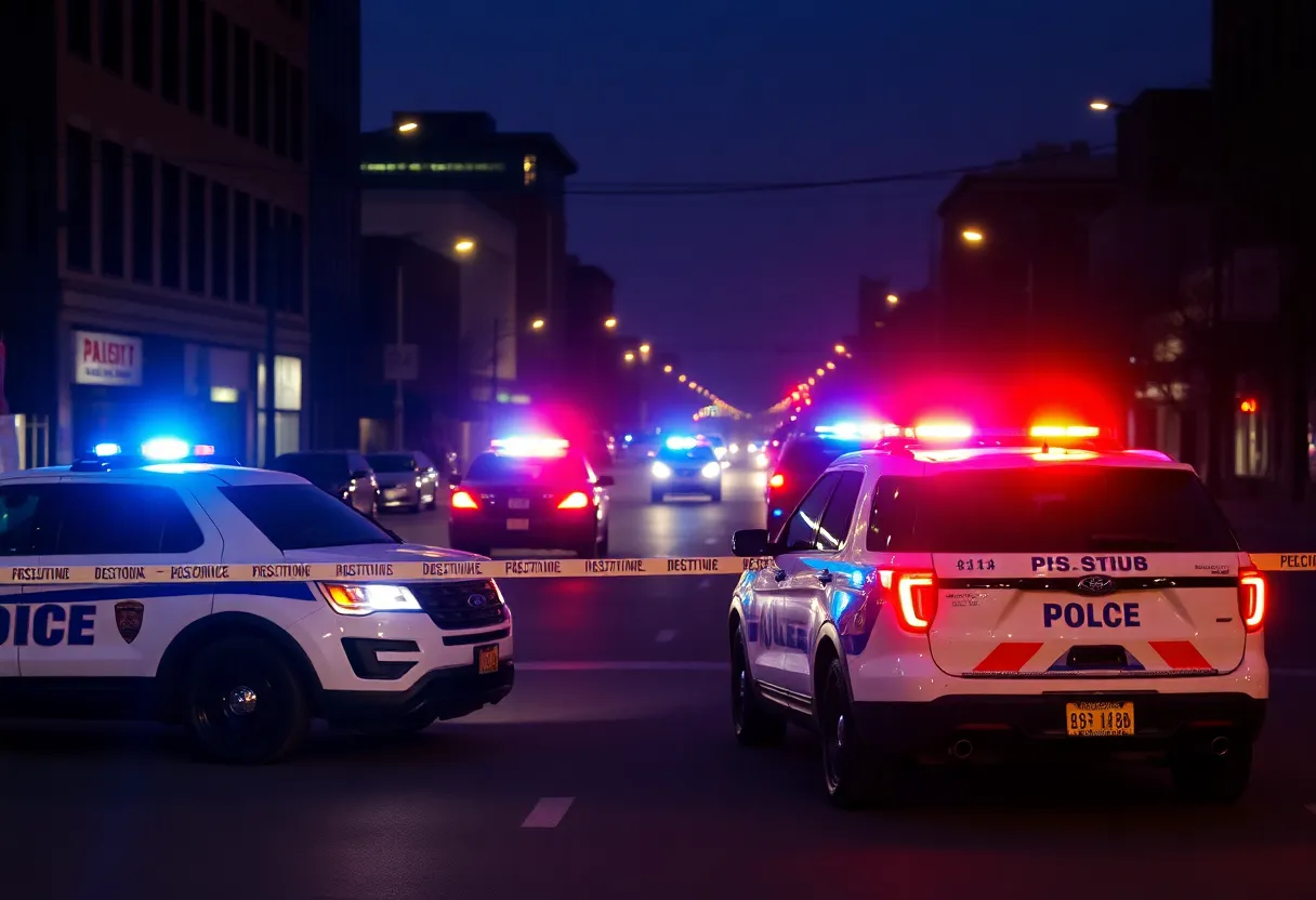 Police vehicles on a Detroit street at night