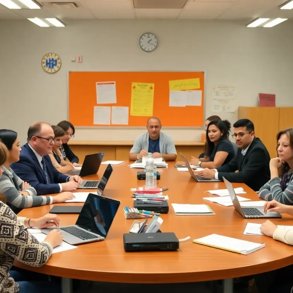 Meeting room of Detroit Public Schools with community discussions