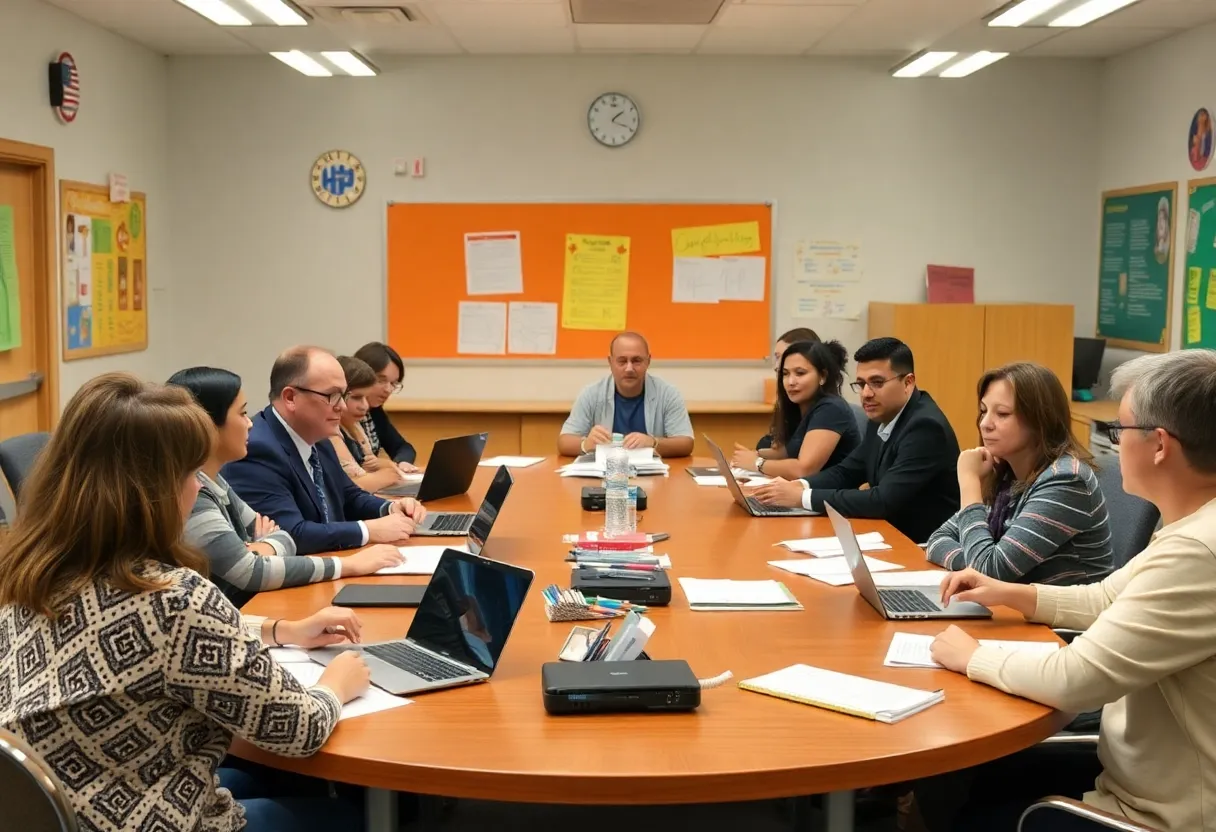 Meeting room of Detroit Public Schools with community discussions