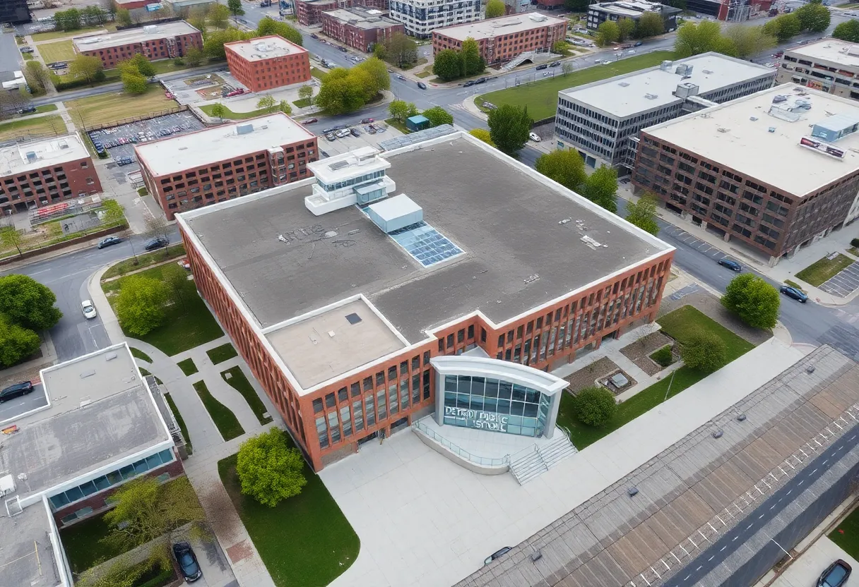 Aerial view of Detroit Public Schools Community District building
