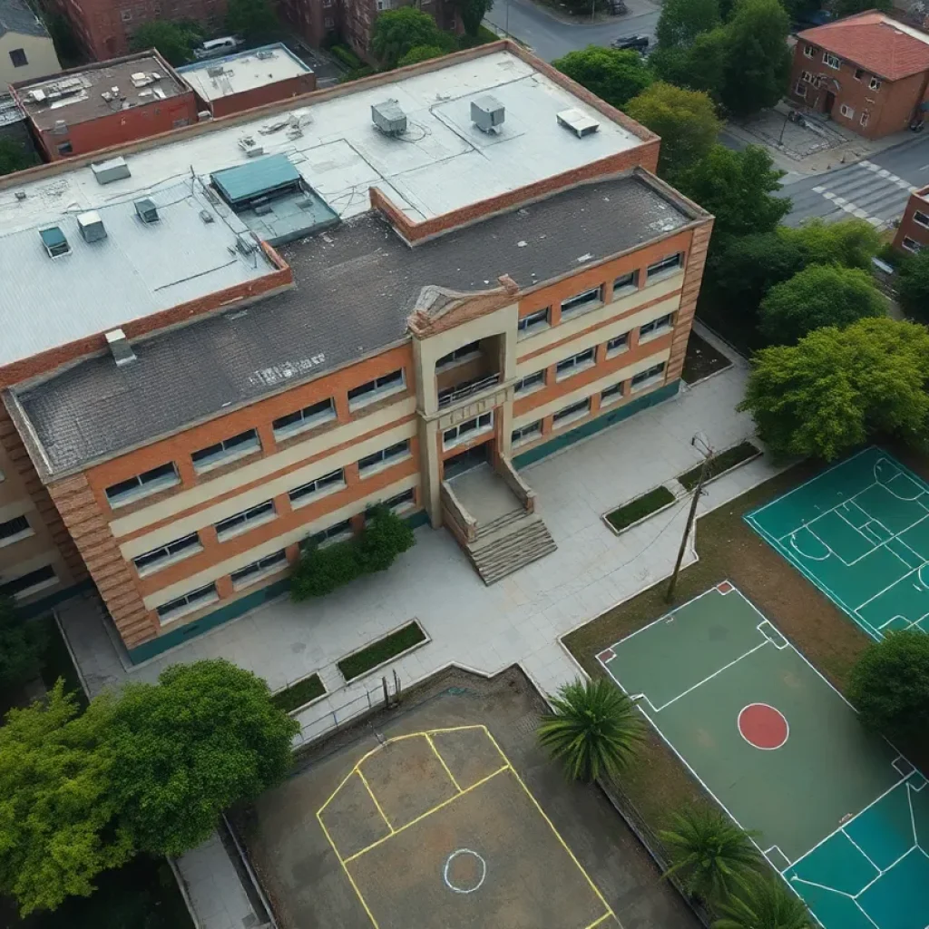 Underutilized school building in Detroit with empty grounds