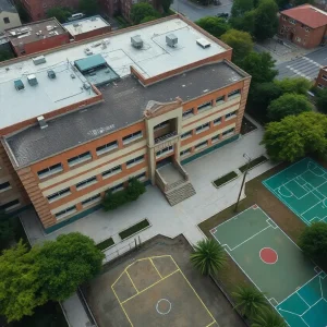 Underutilized school building in Detroit with empty grounds