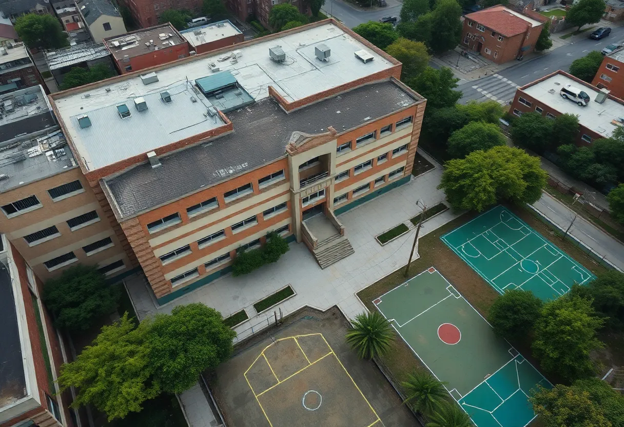Underutilized school building in Detroit with empty grounds