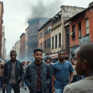 Destruction from the 1967 Detroit Riots showing burnt buildings in an urban area.