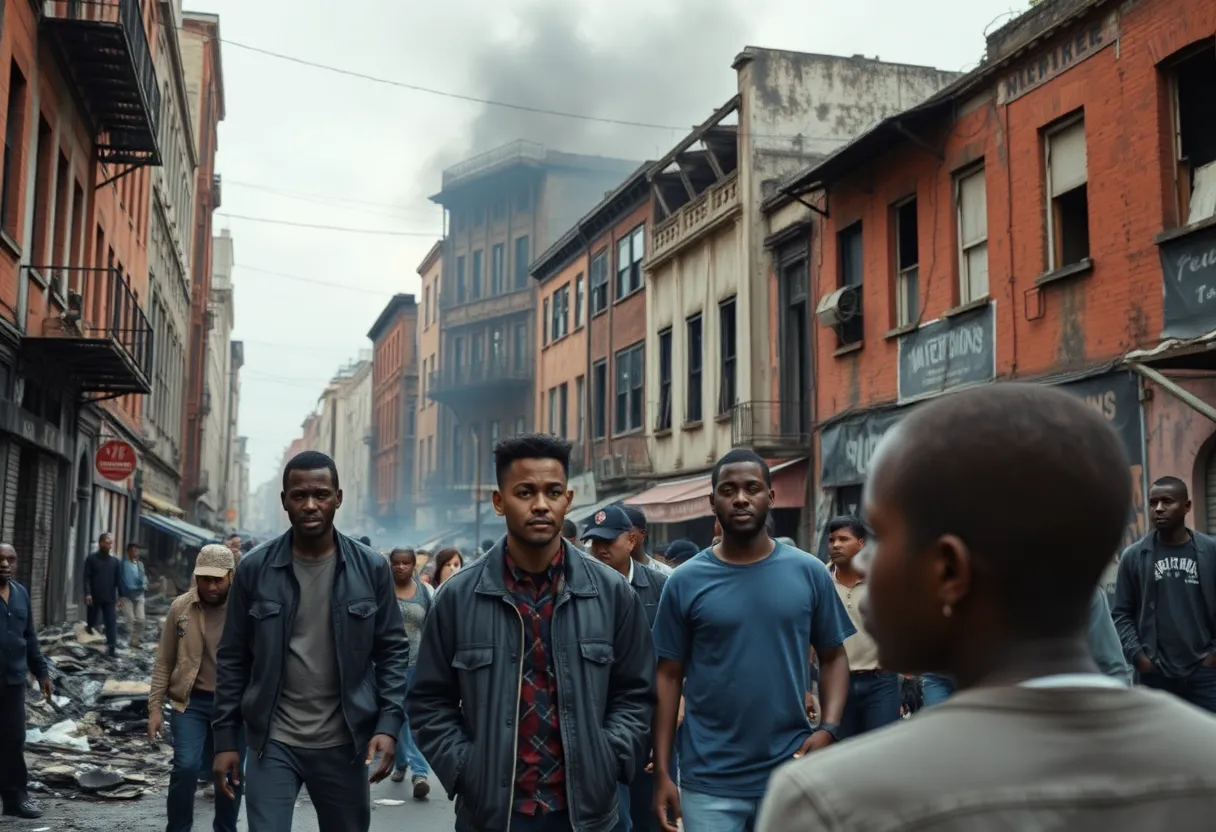 Destruction from the 1967 Detroit Riots showing burnt buildings in an urban area.