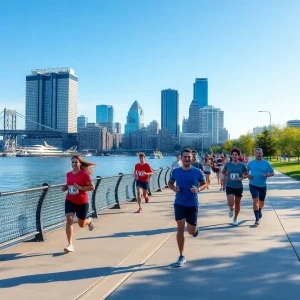 Runners on Detroit Riverwalk enjoying scenic views
