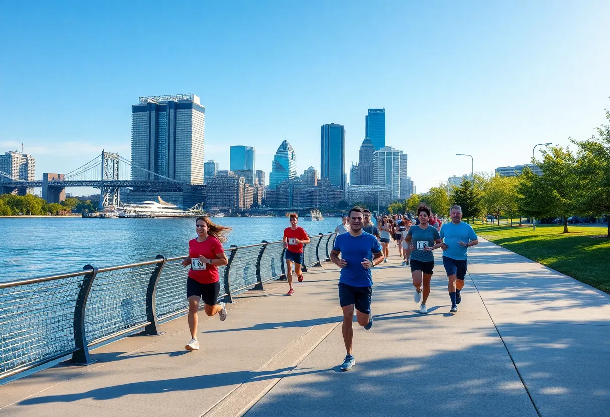 Runners on Detroit Riverwalk enjoying scenic views
