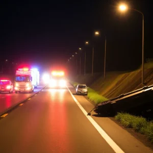 Overturned vehicle on Interstate 94 with emergency responders at the scene.