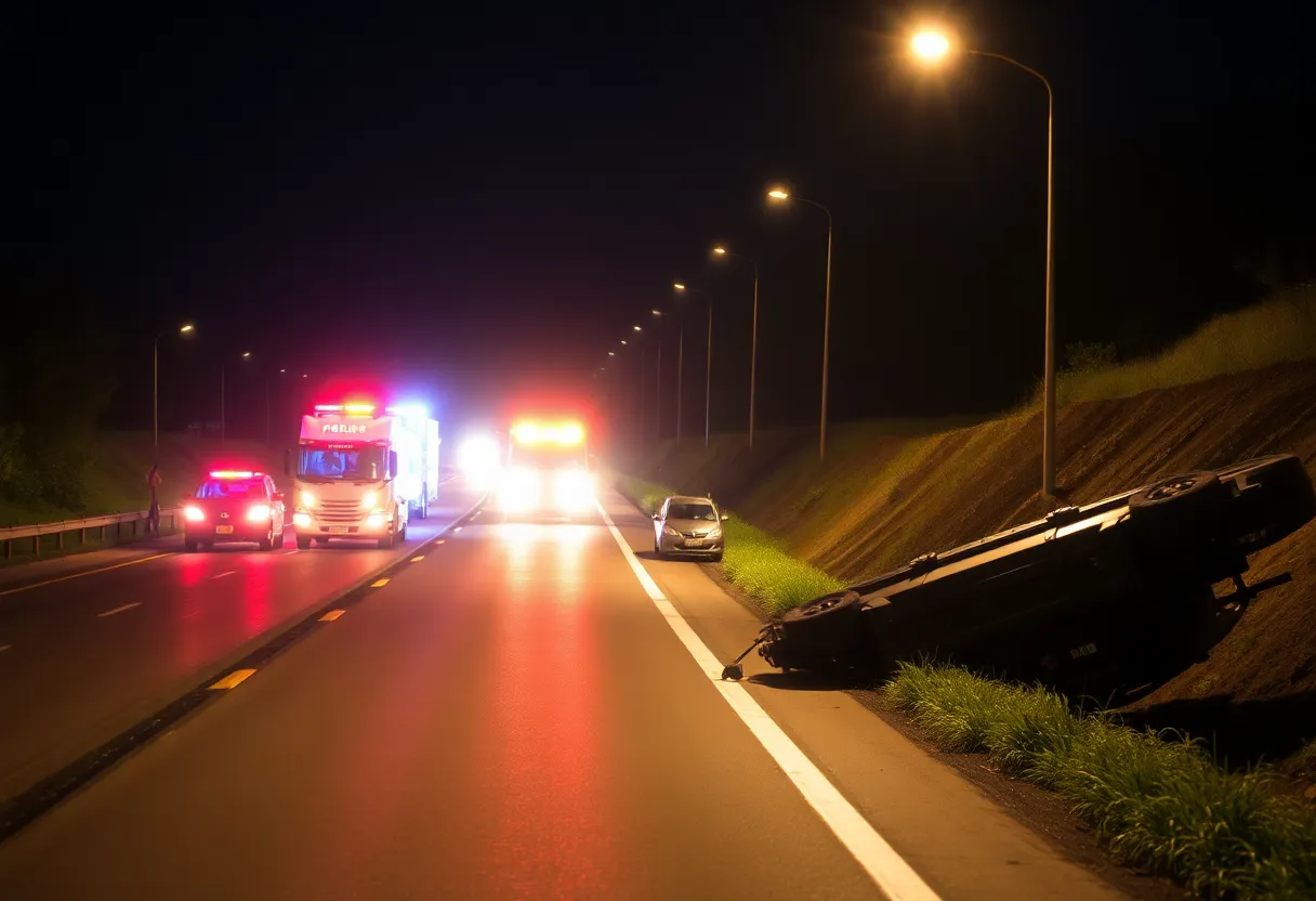 Overturned vehicle on Interstate 94 with emergency responders at the scene.