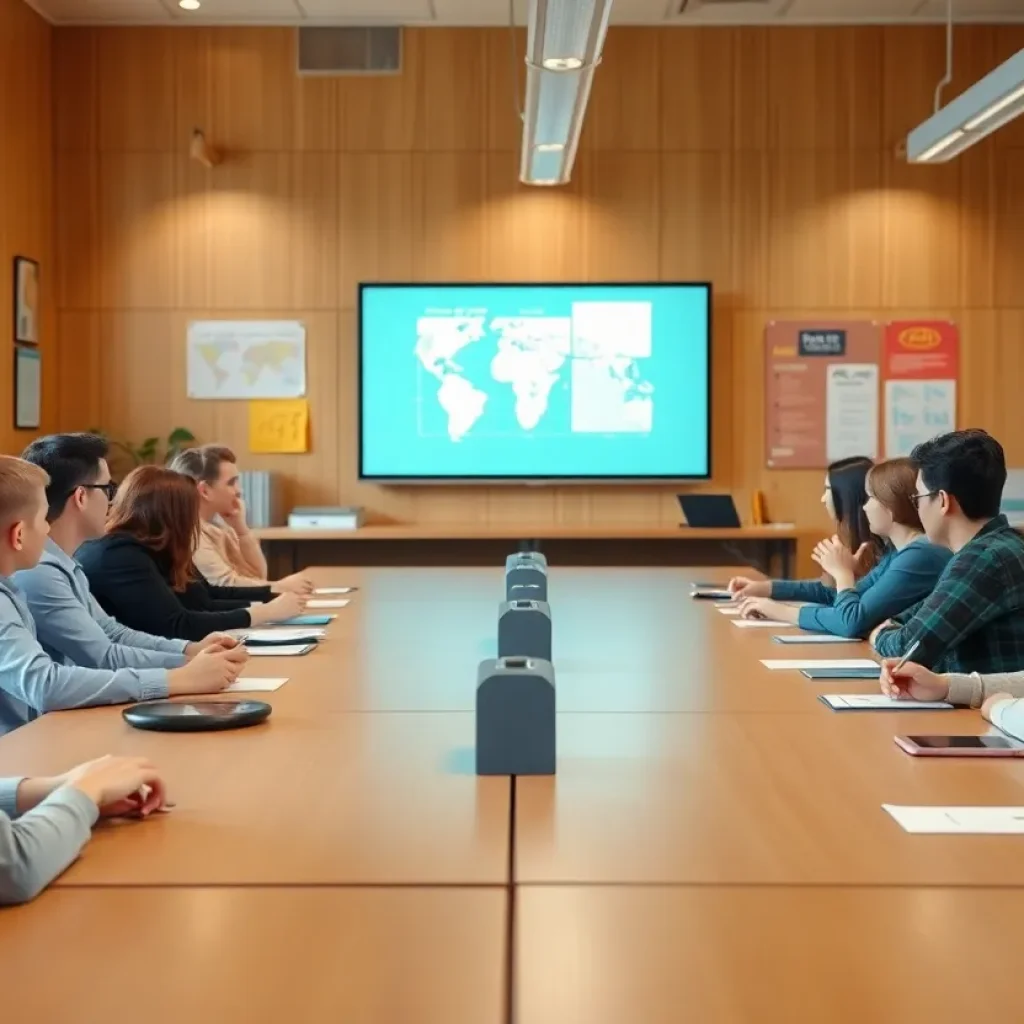 Illustration of a school board meeting with technology and educational materials.