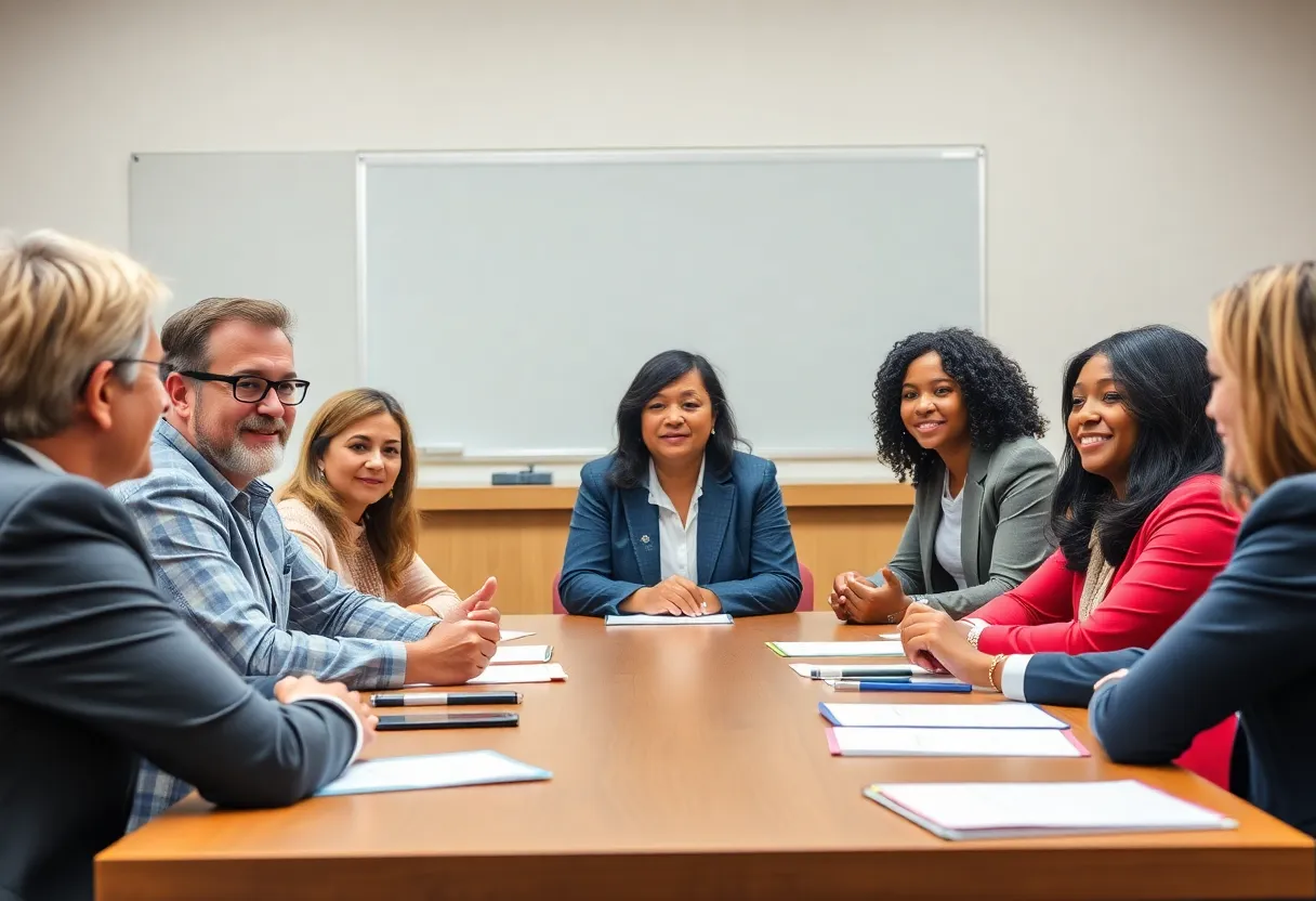 Group of individuals in a conference room discussing education issues.