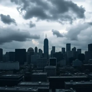 Detroit skyline under a cloudy sky with law enforcement presence.