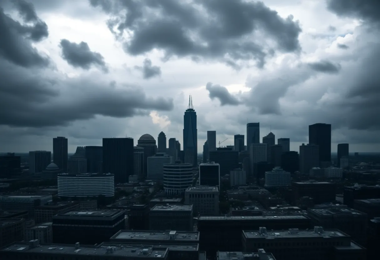 Detroit skyline under a cloudy sky with law enforcement presence.