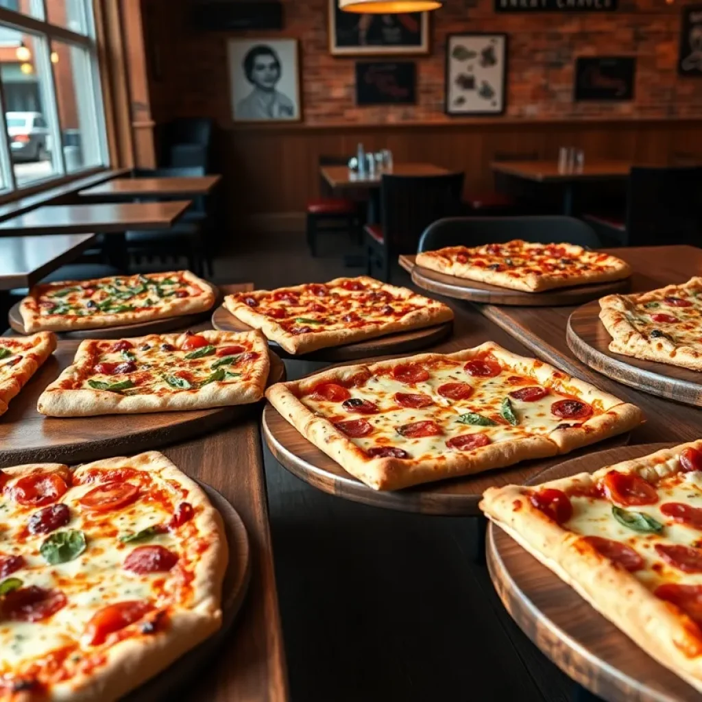 An array of Detroit-style pizzas with different toppings served in a pizzeria