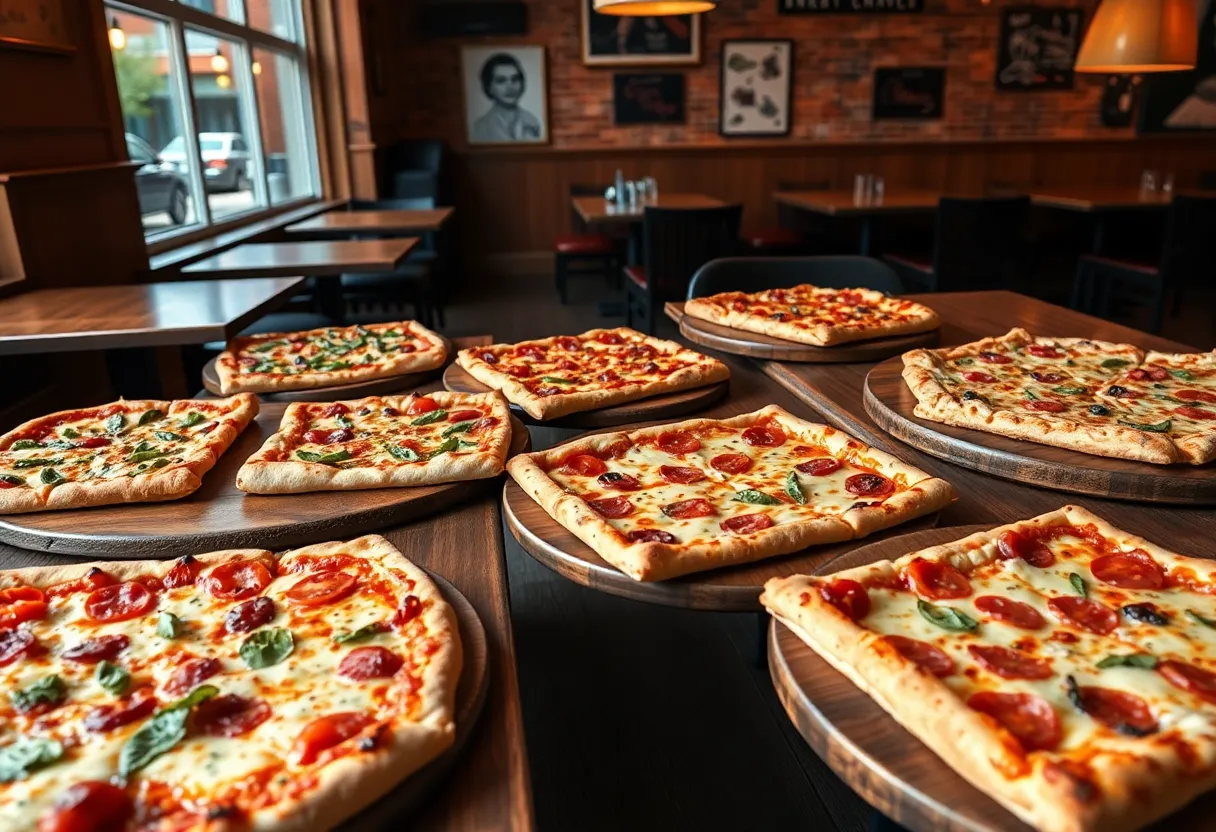 An array of Detroit-style pizzas with different toppings served in a pizzeria