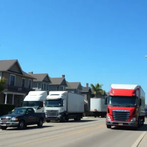 Large trucks navigating residential streets in Detroit.