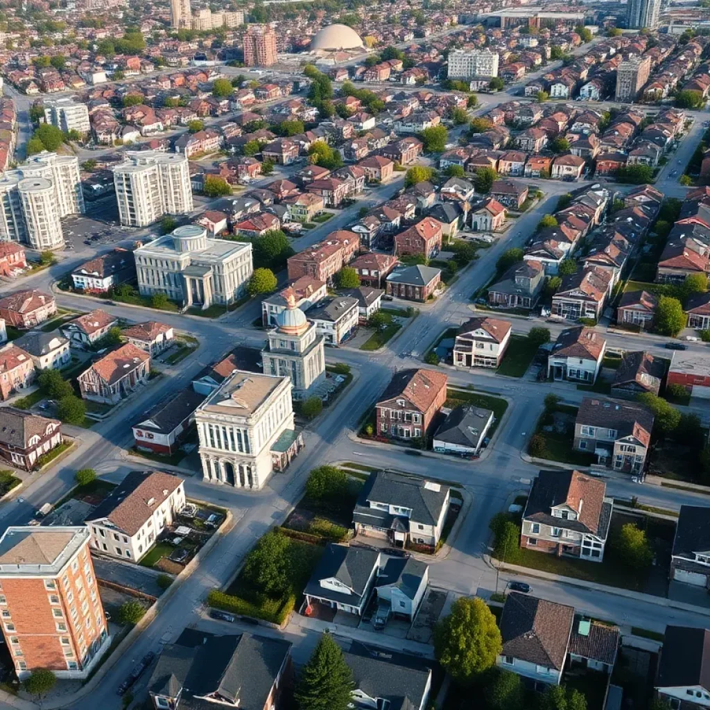 Aerial view of Detroit showcasing residential housing developments.