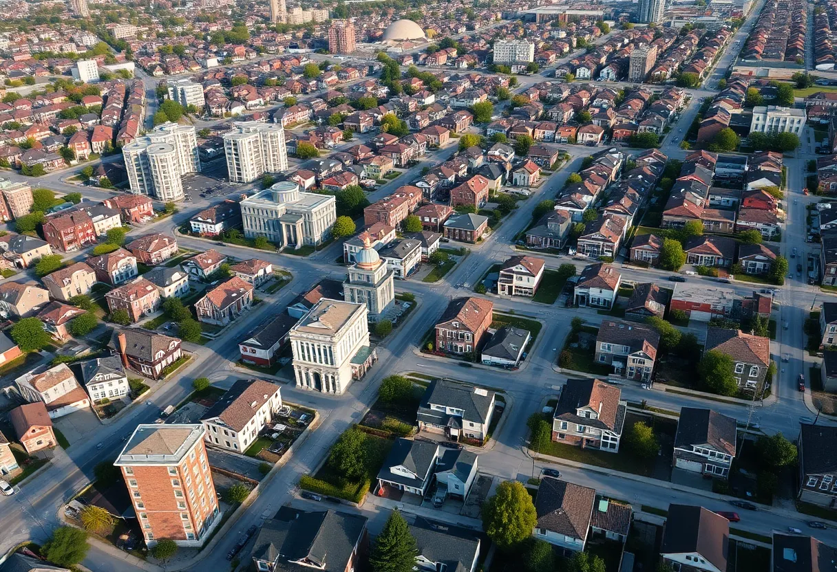 Aerial view of Detroit showcasing residential housing developments.