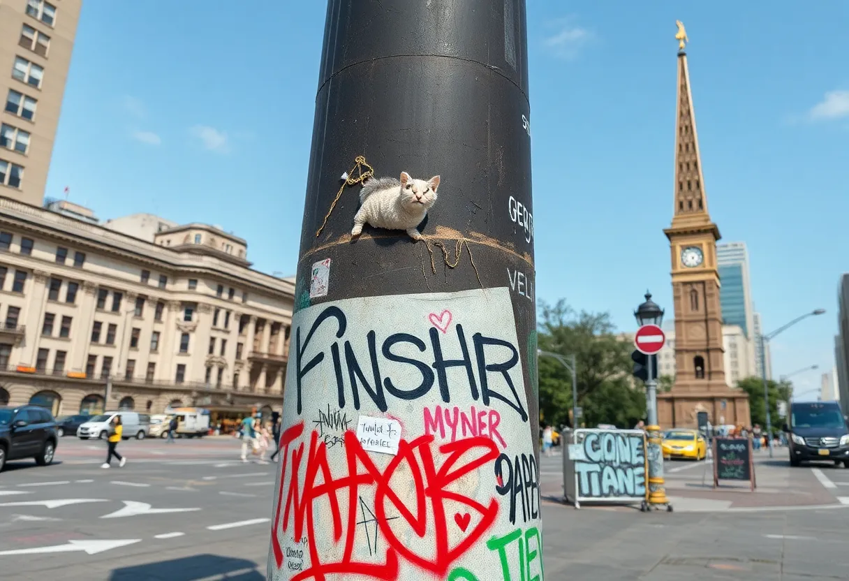 Artwork depicting vandalism on urban landmarks
