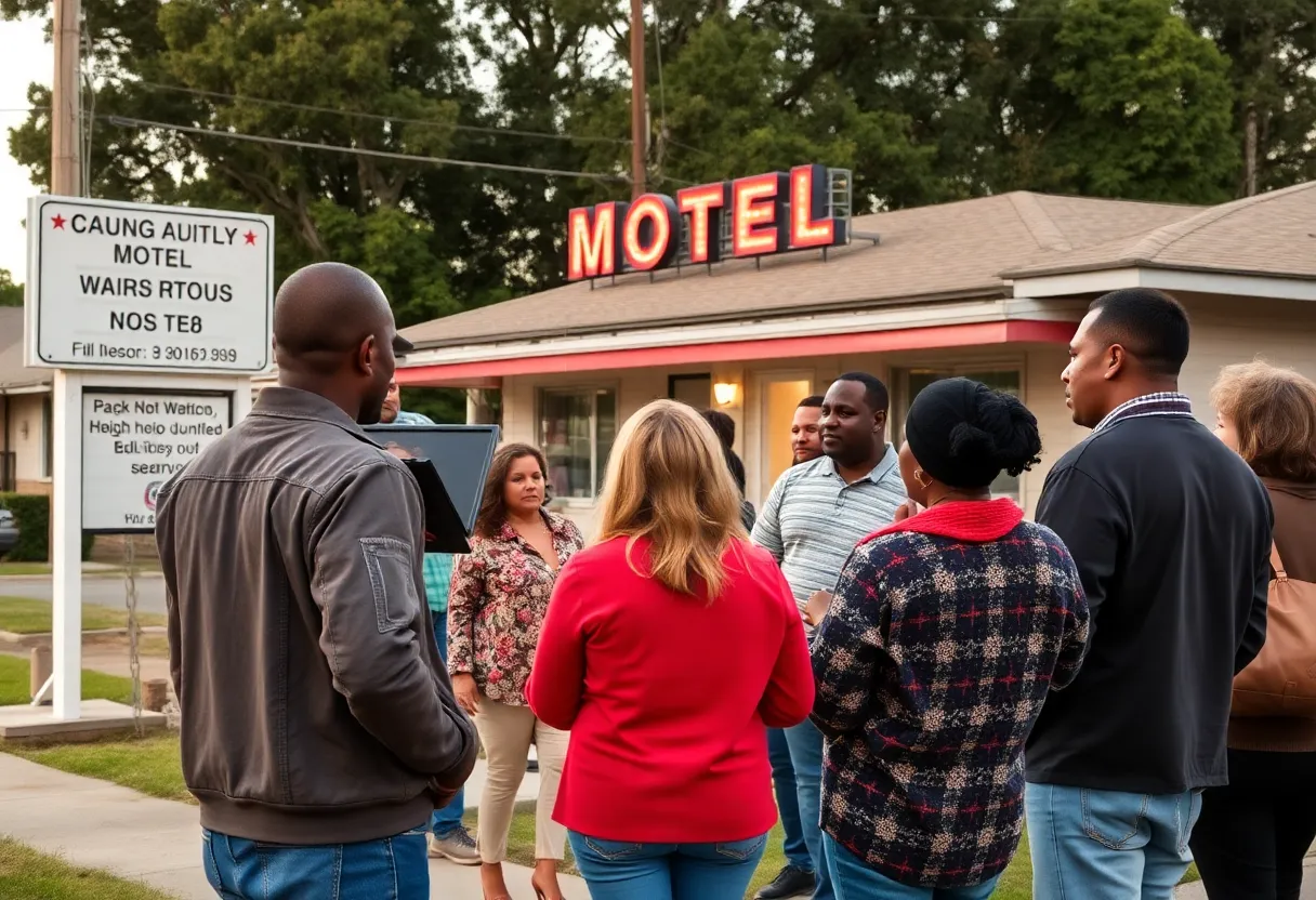 Residents gathering outside Travel Inn expressing safety concerns