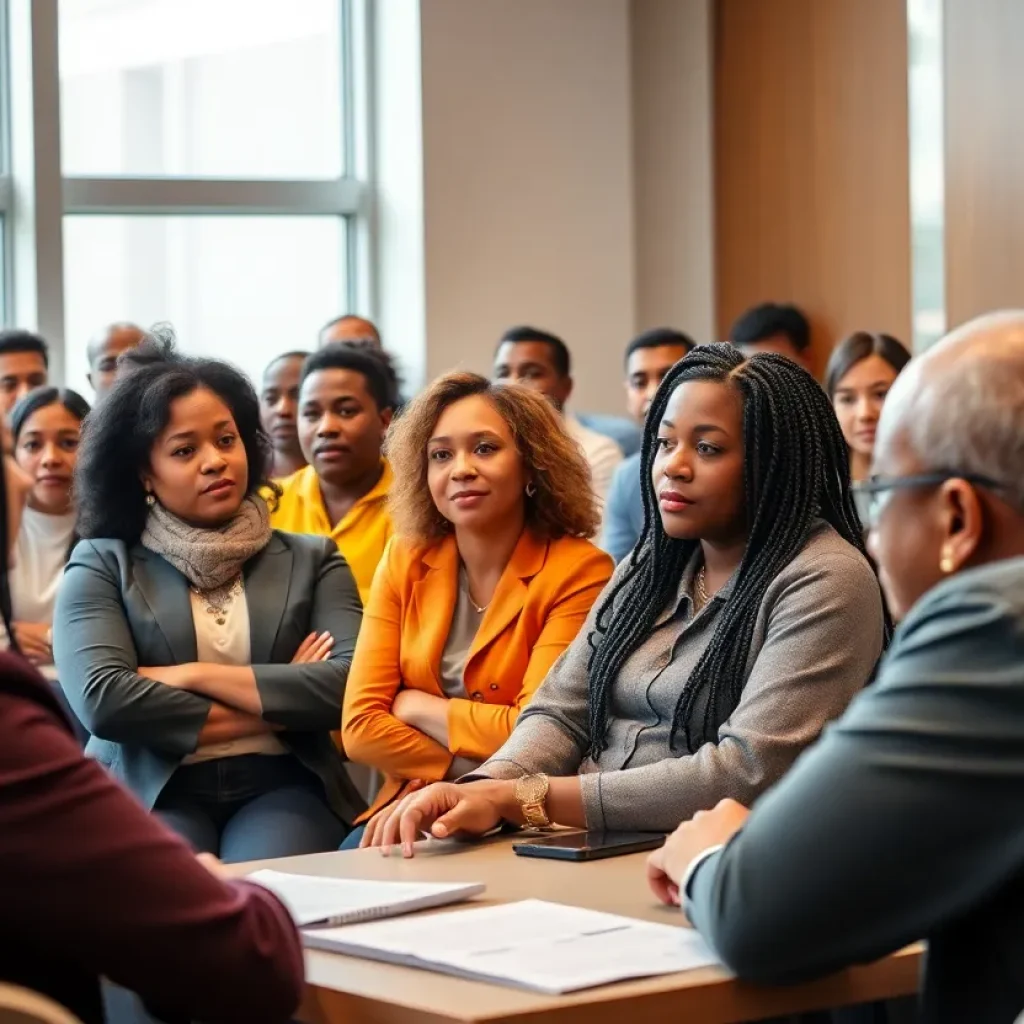 Community members discussing urban governance at a town hall meeting in Detroit