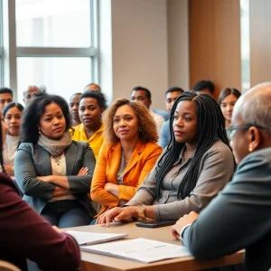 Community members discussing urban governance at a town hall meeting in Detroit