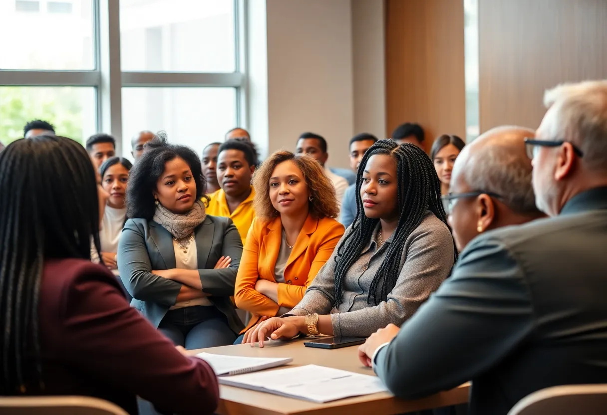 Community members discussing urban governance at a town hall meeting in Detroit