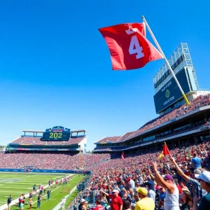 Fans cheering at Deutsche Bank Park during a college football game.