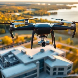 Drone delivering medical supplies over healthcare facility in Michigan
