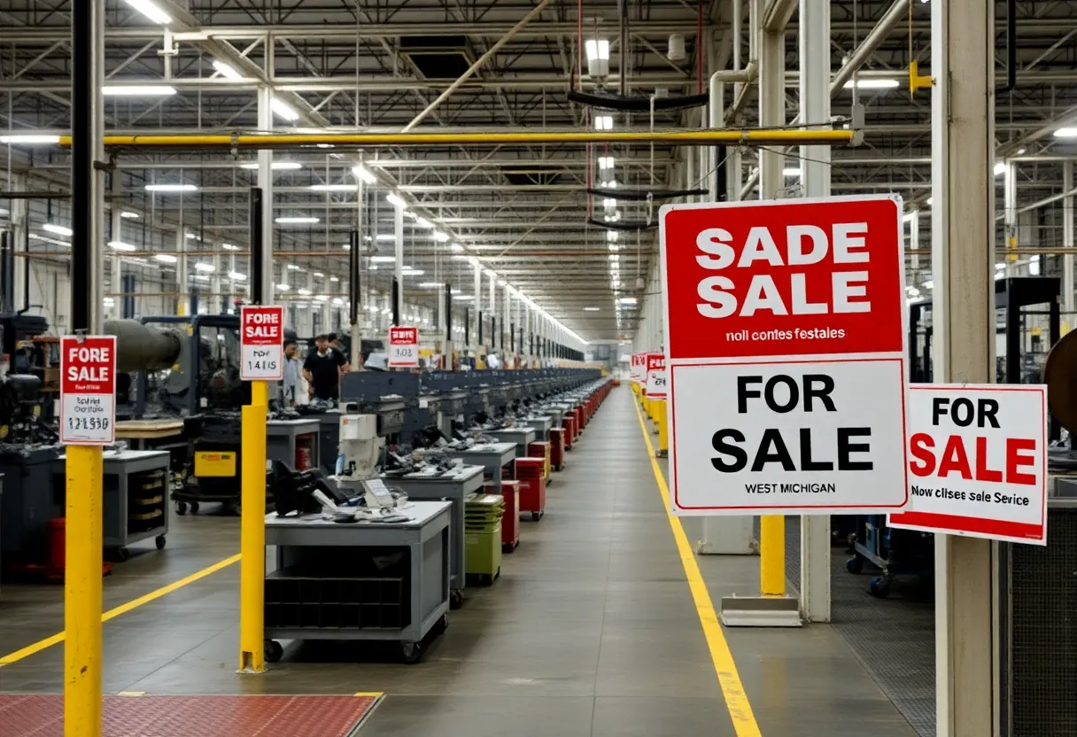 Empty assembly line in a factory representing job losses in West Michigan.