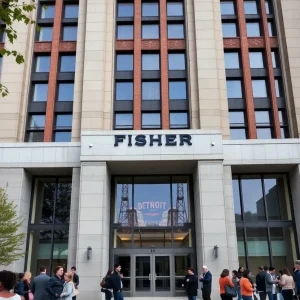 Exterior of the Fisher Building with community members attending a meeting